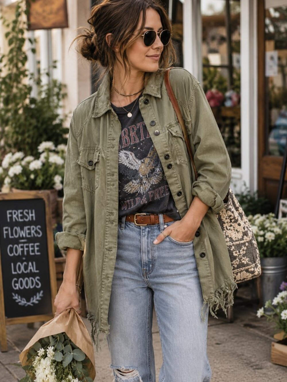 Free People Moonchild Military Jacket Small Olive Green Frayed Hem Oversized Sha
